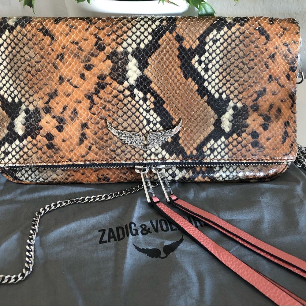 Zadig & Voltaire Rock Clutch/Crossbody Snakeskin Bag with Dustbag